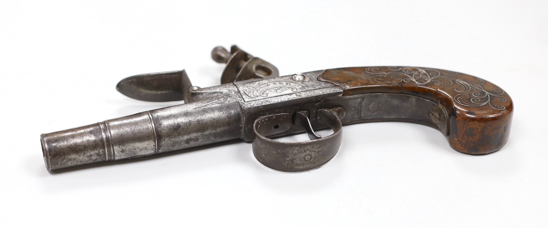 A Georgian flintlock pistol, the lock engraved ‘Brooke London’ and receipt